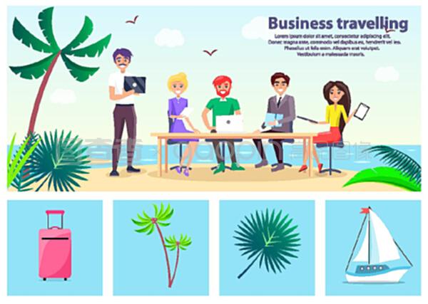 商务旅行,有桌子旁的人的广告,冲浪网和行李图标和棕榈,灌木丛和帆船矢量插图。商务旅行,矢量插图